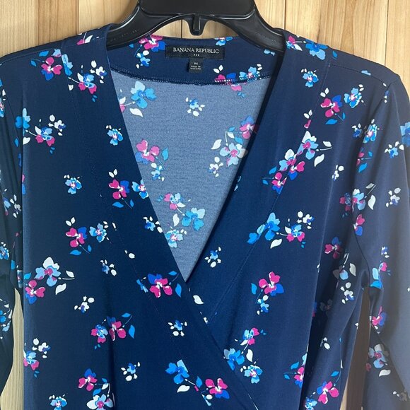 Banana Republic Navy Floral Wrap Midi Dress Long Sleeve Jersey Boho Workwear M - Picture 2 of 6